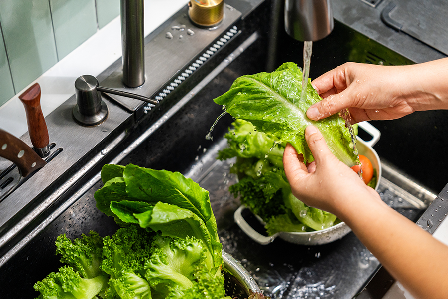 Hands gently rinse fresh salad greens under flowing water in a home kitchen. In a kitchen sink vibrant salad vegetables are thoroughly washed clean eating.